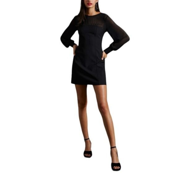 Anthropologie Maeve Sheer Long-Sleeve Mini Dress in Black Size 14 - Picture 3 of 6